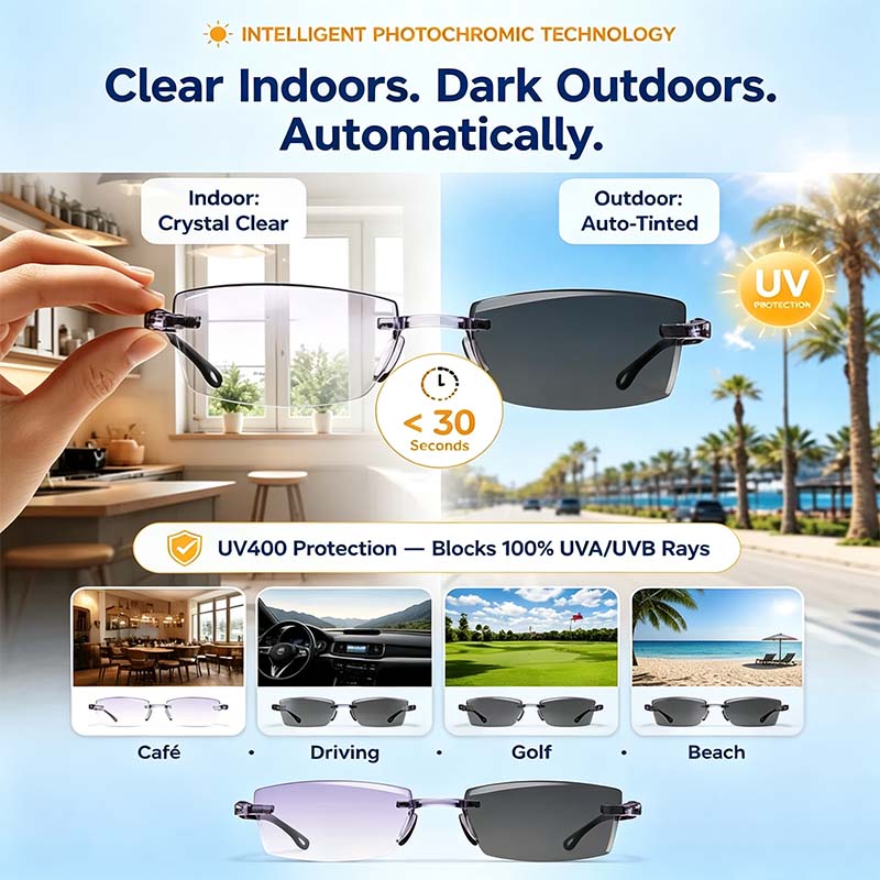 Color-Changing Reading Glasses – Clear Indoors, Tinted Outdoors