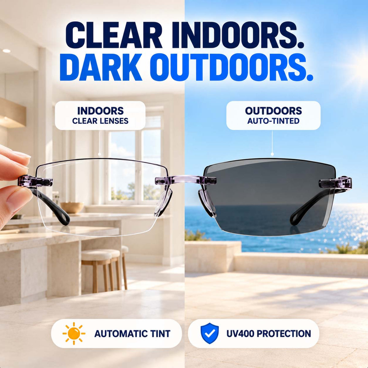 Color-Changing Reading Glasses – Clear Indoors, Tinted Outdoors
