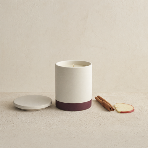 Cinnamon apple soy candle with cinnamon sticks and a slice of red apple