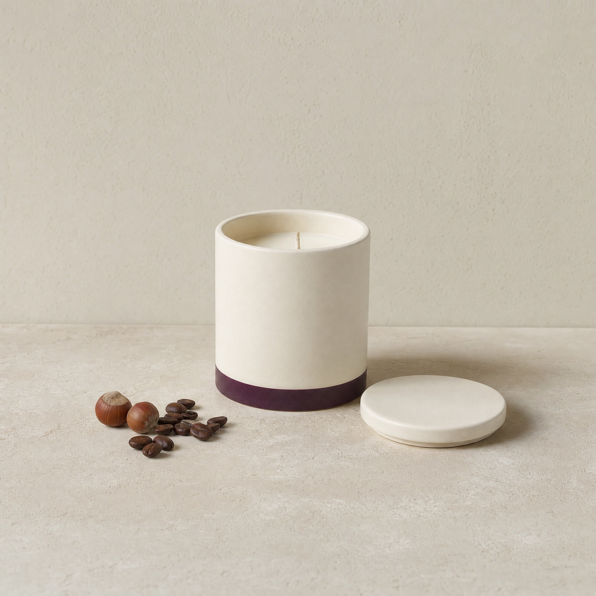 Hazelnut coffee soy candle with coffee beans and hazelnuts
